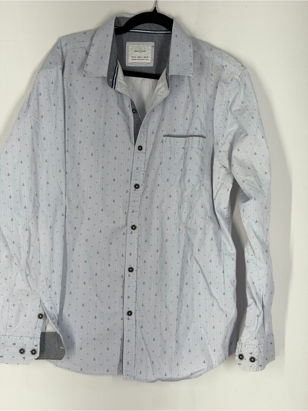 Craft Light Blue Long-Sleeve Button-Down Shirt with Navy Anchor Print‎